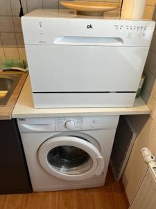 a white washer and dryer in a kitchen at Jena Botanischer Garten in Jena