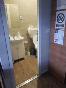 a bathroom with a toilet and a sink at AMD UNION Caffe & Rooms in Kruševac