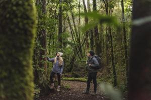 two people standing on a trail in the woods at Hotel AWA in Puerto Varas