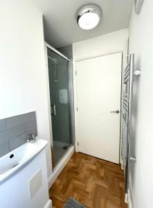 a bathroom with a sink and a shower and a mirror at Prosper House Apartment 5 in Norwich
