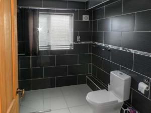 a black tiled bathroom with a toilet and a window at Lillieput Lodge in Melbourne