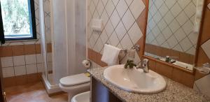 uma casa de banho com um lavatório e um WC em Caracol country Apartments em Orosei