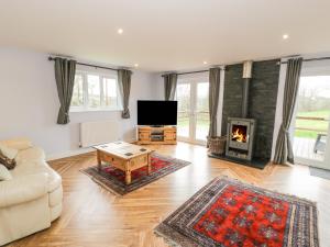 a living room with a fireplace and a tv at Nant Y Felin Lodge in Aberdaron