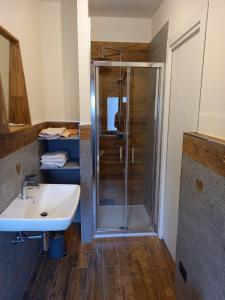 a bathroom with a shower and a sink at Hotel Laurent in Gaby