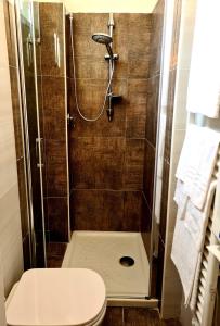 uma casa de banho com chuveiro e WC em Al primo piano bed And breakfast em Foggia