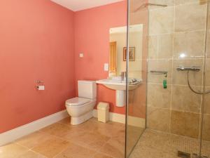 a bathroom with a toilet and a sink and a shower at Cow Byre in Great Habton +15 photos