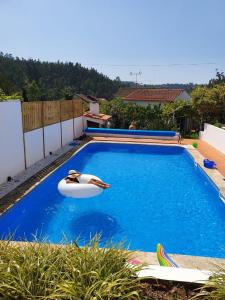 a pool with a person laying on a float in the water at Citrus Tree House, private pool and garden. in Angeja