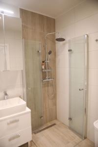 uma casa de banho com um chuveiro e um lavatório. em Uroczy Apartament 38 m2 Tychy, Śląskie Ogrody em Tychy