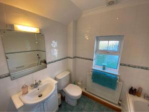 a bathroom with a sink and a toilet and a window at The Meadows St Teath, 4 bed sleeps 7 in Saint Teath