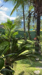 um jardim com palmeiras e uma cerca em LE BOUTIQUE SUÍTES - PRAIA de MARESIAS em Maresias