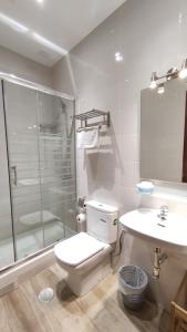 a bathroom with a toilet and a shower and a sink at Hostal Aliste in Madrid +52 photos