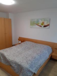 Bett in einem Schlafzimmer mit Wandgemälde in der Unterkunft Ferienwohnung Zern in Johanngeorgenstadt