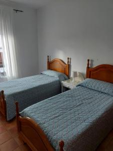 a bedroom with two beds and a window at CASA LA ABUELA REMEDIOS in Olvera
