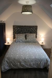 a bedroom with a bed and two tables with lamps at Ty Daou - Gîtes du Vieux Tilleul in Tréglamus