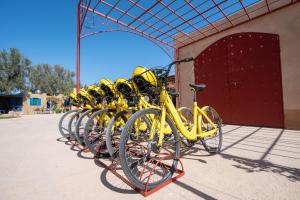 a row of yellow bikes parked next to a building at L’oasis de kima in Taroudant