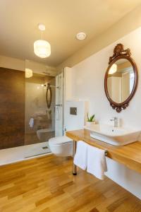 a bathroom with a sink and a toilet and a mirror at Hotel Casa da Galbana in Friol