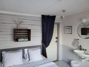 マリーフレッドにあるDjurgårdsportens vandrarhemのベッドルーム(ベッド1台、シンク、鏡付)