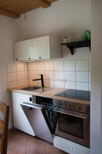 a kitchen with a stove and a sink at Das Haus am See Schwerin in Schwerin