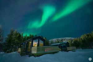 a cabin under the aurora in the snow at Flatmoen Natur Lodge in Alta