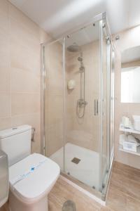 a bathroom with a shower and a toilet at Hotel Romerito in Málaga