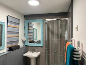 uma casa de banho com um chuveiro, um lavatório e um espelho. em Atlantic apartment em Sidmouth
