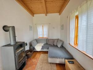 a living room with a couch and a stove at Authentisches Inselhaus - ideal für Kiter/Surfer/Familien in Fehmarn