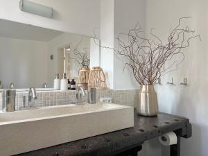a bathroom with a sink with a vase on a counter at Historisches Pastorat - Villa Mika in Fehmarn +15 photos