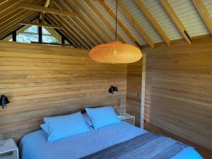 a bedroom with a bed and a chandelier at Luxury mountain loft in Pucón