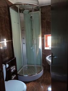 ein Badezimmer mit Dusche, Toilette und Waschbecken in der Unterkunft Casa de Penim in Paredes de Coura
