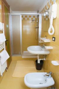 La salle de bains est pourvue d'un lavabo et d'une douche. dans l'établissement Hotel Vallée De Cogne, à Cogne