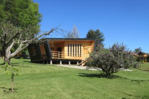 una casa con un patio verde delante de ella en Cabañas Mis Viejos, en Panguipulli