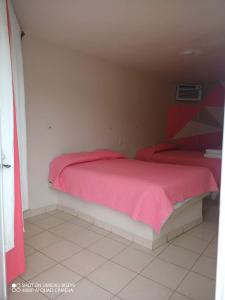 1 dormitorio con 2 camas y mantas rosas en Villa kosniin, en Tecolutla