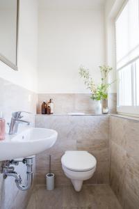 a bathroom with a white toilet and a sink at Ferienhaus Schilfrohrsaenger 51 in Fuhlendorf