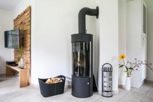 a kitchen with a wood burning stove in a room at Ferienhaus Haubenlerche 16 in Fuhlendorf