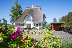 a house with a thatched roof and a stone wall at Ferienhaus Schilfrohrsaenger 48 in Fuhlendorf