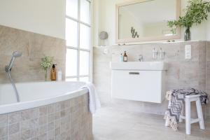 a bathroom with a tub and a sink and a mirror at Ferienhaus Haubenlerche 14 in Fuhlendorf +31 photos