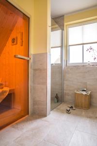 a bathroom with a shower and a wooden door at Ferienhaus Schilfrohrsaenger 39 in Fuhlendorf