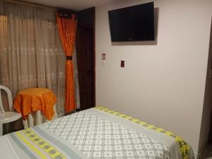 ein Schlafzimmer mit einem Bett und einem Fernseher an der Wand in der Unterkunft HOTEL GALERAS in Pasto