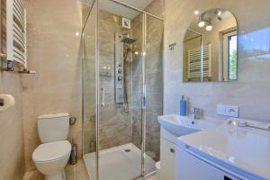 a bathroom with a shower and a toilet and a sink at Bieszczadówka in Sanok