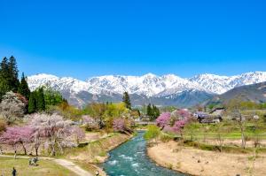 un río con montañas cubiertas de nieve en el fondo en スパイシーシャレー, en Hakuba