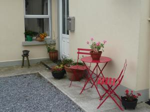 a red table and chair next to a window with potted plants at Gliondar Croi in Doolin