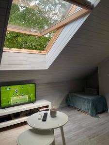 a attic living room with a skylight and a tv at VO apartments in Juodkrantė
