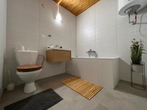 a bathroom with a toilet and a bath tub at Penzión Hrubjak in Oravská Polhora