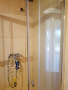 La salle de bains est pourvue d'une douche avec une porte en verre. dans l'établissement Medences, panoramas nyaralo Sukoron, à Sukoró
