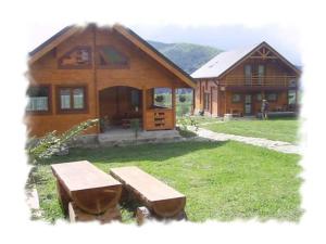 a log cabin with a picnic table in front of it at Pensiunea Ecosasu in Gura Humorului