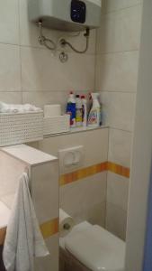a bathroom with a shower with a toilet and towels at Apartmani Belvedere in Novigrad Istria +22 photos