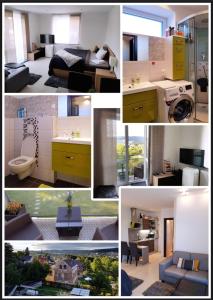 a collage of different pictures of a room at Plně vybavený krásný apartmán 1kk s balkonem, výhledem in Jablonec nad Nisou