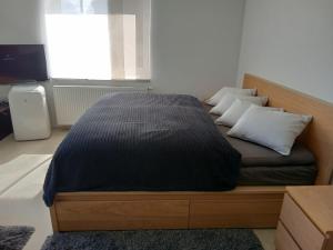 Postel nebo postele na pokoji v ubytování Plně vybavený krásný apartmán 1kk s balkonem, výhledem