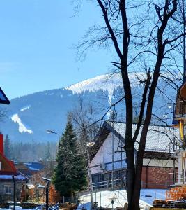 einen schneebedeckten Berg in der Ferne mit einer Stadt in der Unterkunft Holiday Family in Szklarska Poręba