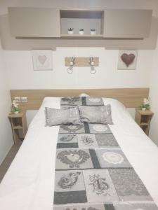 a bedroom with a bed with a blanket on it at MOBILHOME 3CH LAVE LINGE - EXT COCOONING ES117 in Fréjus